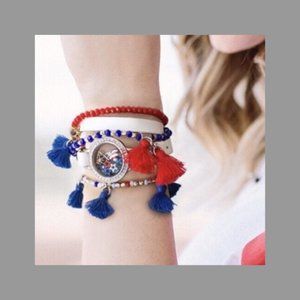 Trio-stacking tassel stretch bracelets (Red, White, and Blue)